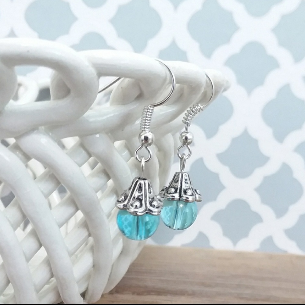 Aqua Bead Silver Tone Hook Earrings